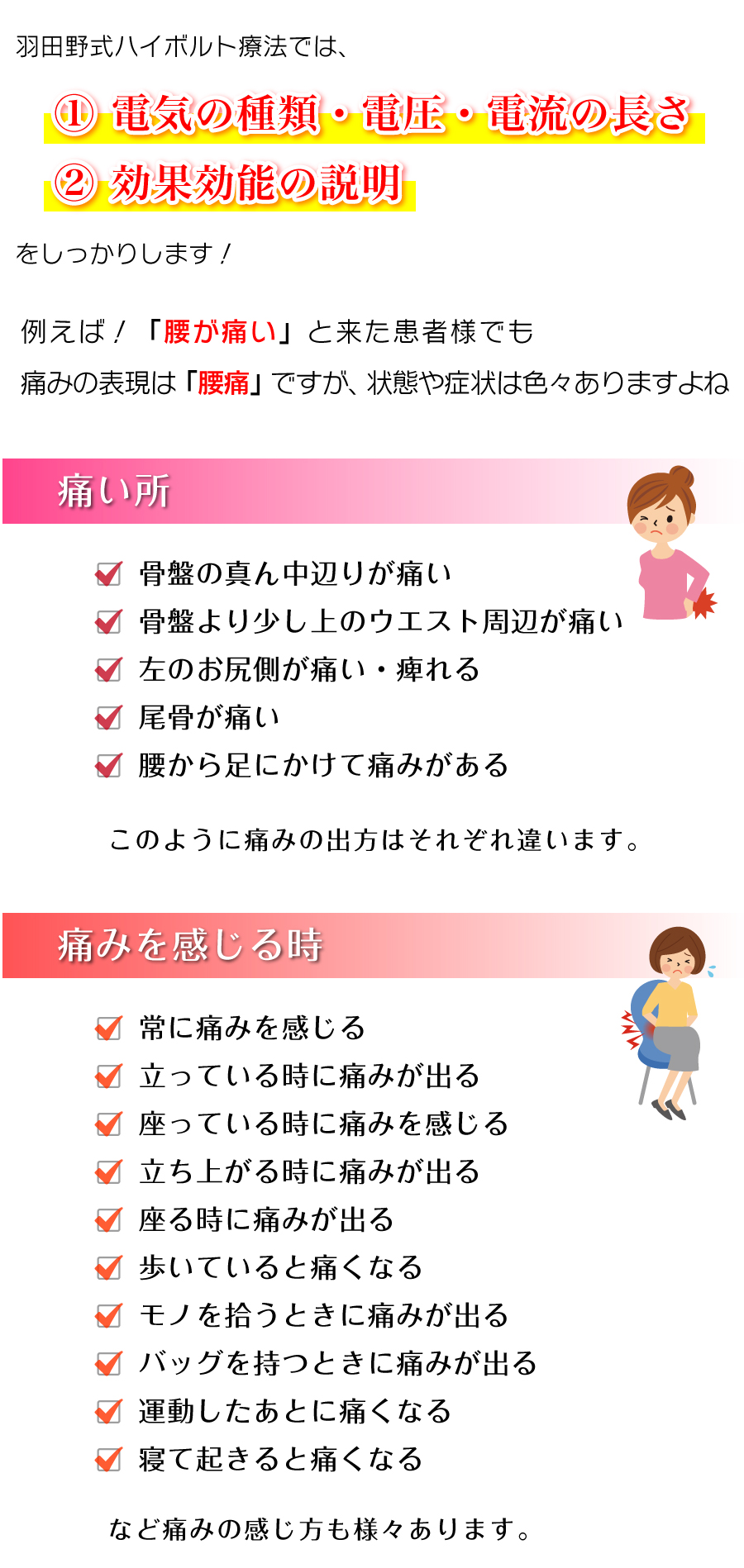 羽田野式ハイボルテージ治療では、①電気の種類・電圧・電流の長さ②効果効能の説明をしっかりします!例えば!「腰が痛い」と来た患者様でも痛みの表現が「腰痛」ですが、状態や症状は色々ありますよね。『痛い所』①骨盤の真ん中辺りが痛い②骨盤より少し上のウエスト周辺が痛い③左のお尻側が痛い・痺れる④尾骨が痛い⑤腰から足にかけて痛みがある このように痛みの出方はそれぞれ違います。『痛みを感じる時』①常に痛みを感じる②立っている時に痛みが出る③座っている時に痛みを感じる④立ち上がる時に痛みが出る⑤座る時に痛みが出る⑥歩いていると痛くなる⑦モノを拾うときに痛みが出る⑧バッグを持つときに痛みが出る⑨運動したあとに痛くなる⑩寝て起きると痛くなる など痛みの感じ方も様々あります。